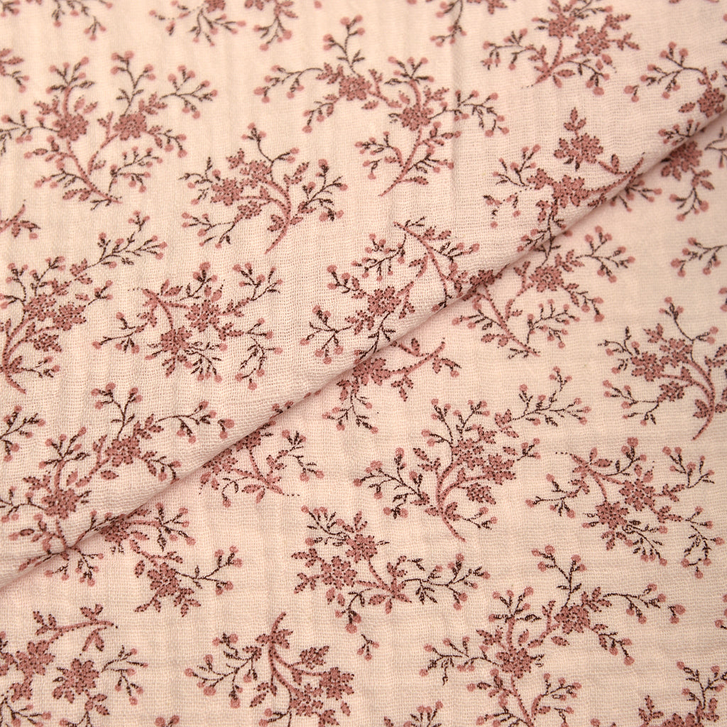 Tela doble gasa/muselina orgánica estampado flores rosado (cm) CERTIFICADO GOTS