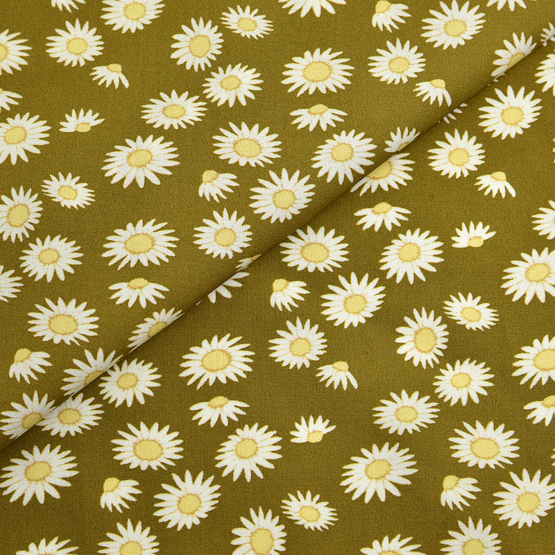 Tela 100% algodón estampado flores margaritas verde-marrón CERTIFICADO GOTS (CM)